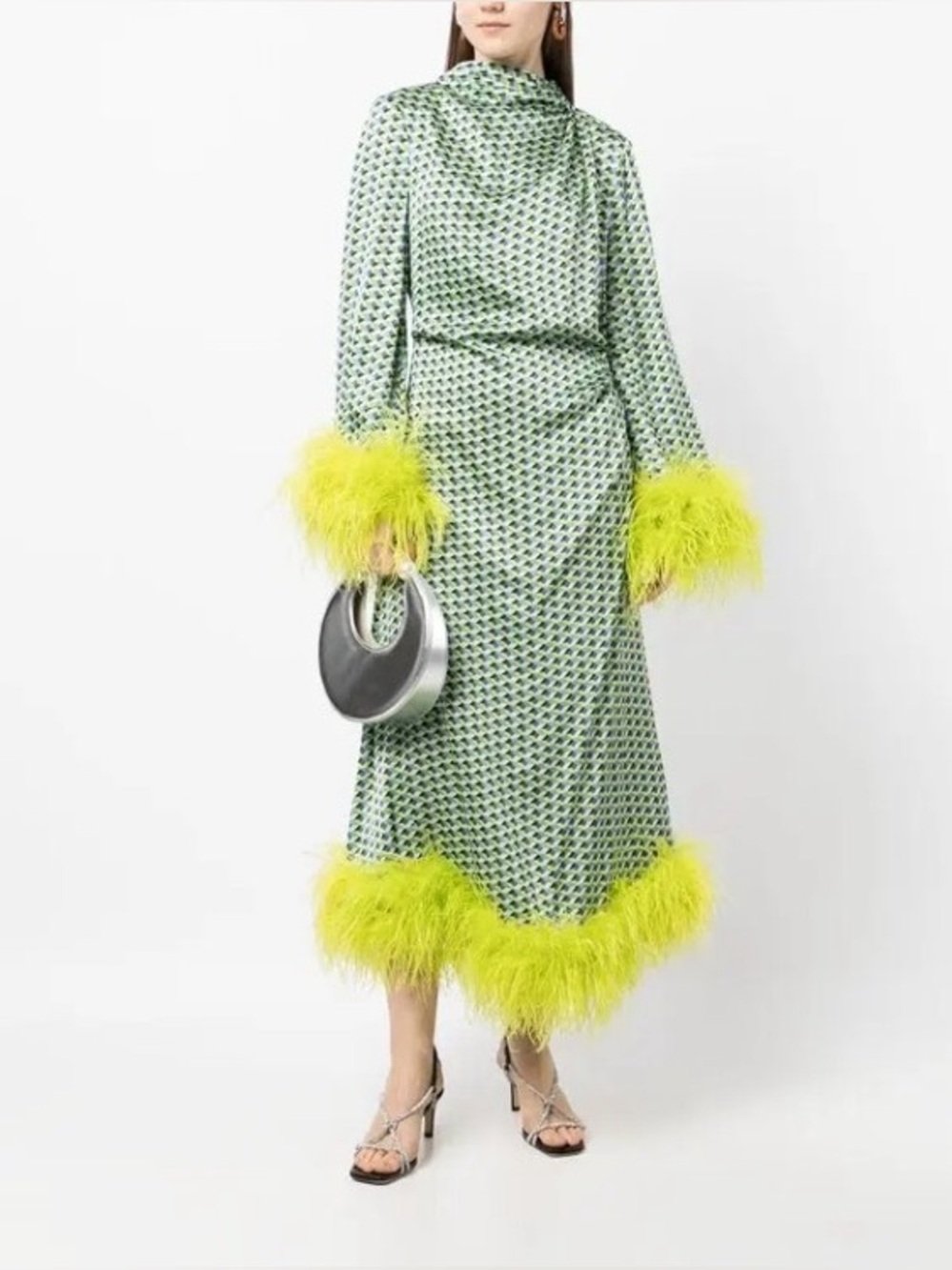 Rachel Gilbert Pietro Graphic Print Ostrich Feather Midi Dress AU1/US4 NWT